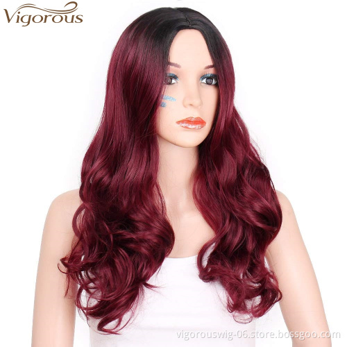Vigorous Fiber for Women Long Curly Ombre Black to Red Wavy Synthetic Party Middle Part Cosplay Full Wigs